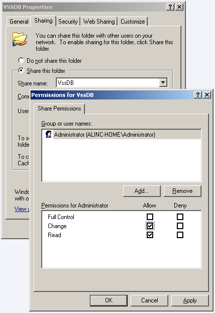 Set read-write permission on the database share